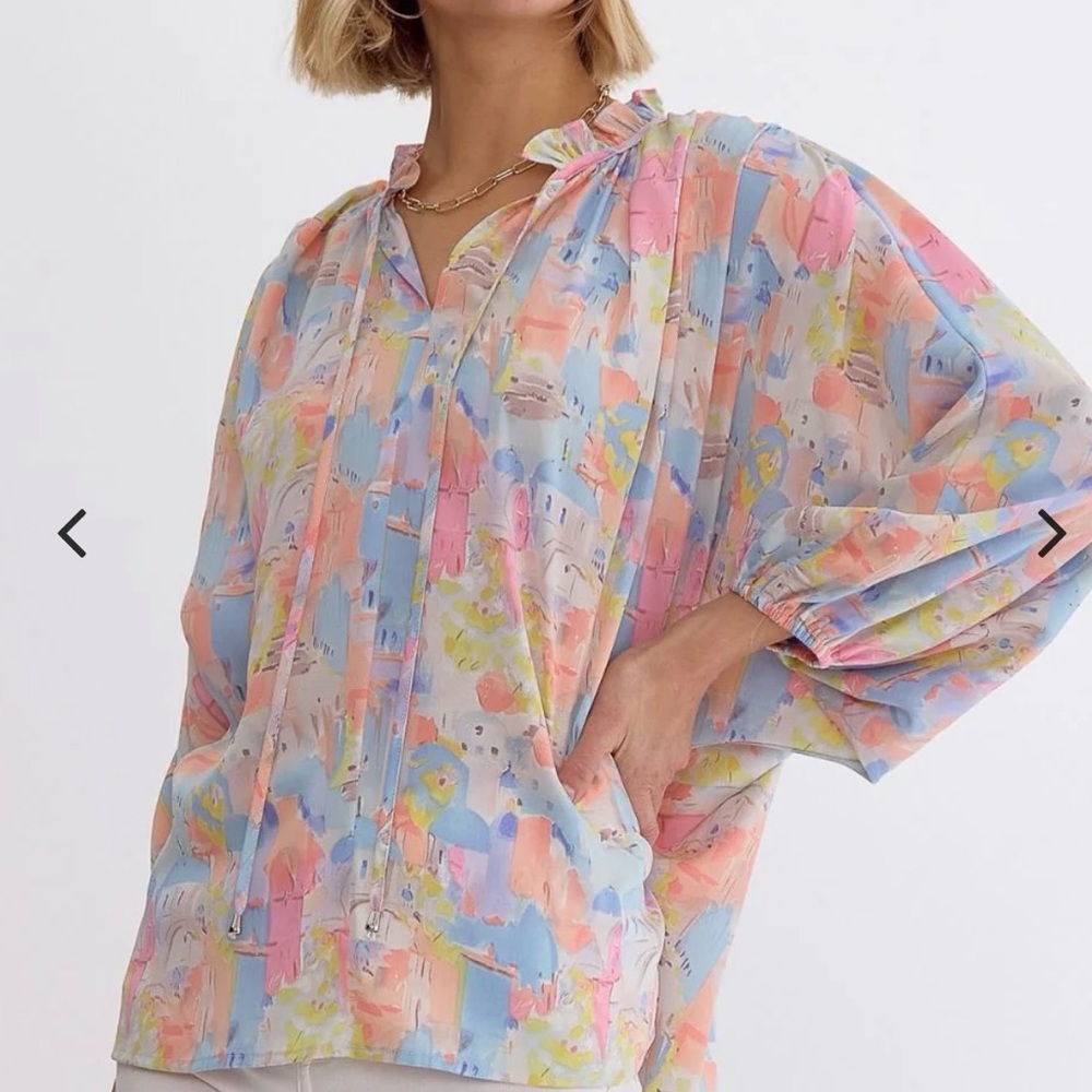 Abstract Pastel Santorini Greece Blouse - Multicolor - NWOT - Size Large